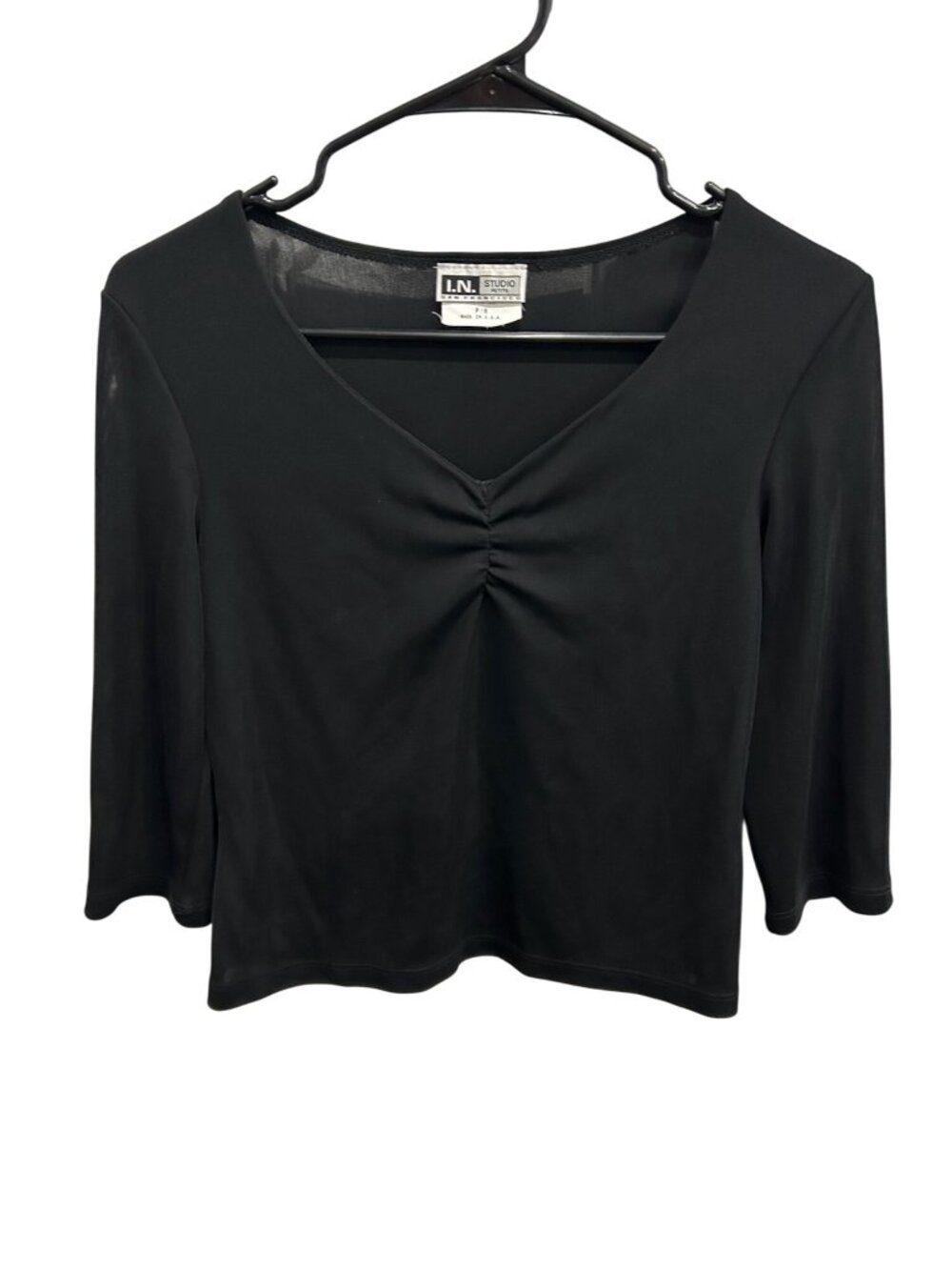 Vintage I.N. Studio Petite V-Neck 3/4 Sleeve Top Solid Black Sz 8 Contemporary